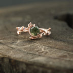 Round Natural Moss Agate Leaf Design Engagement Ring - Gigiscc