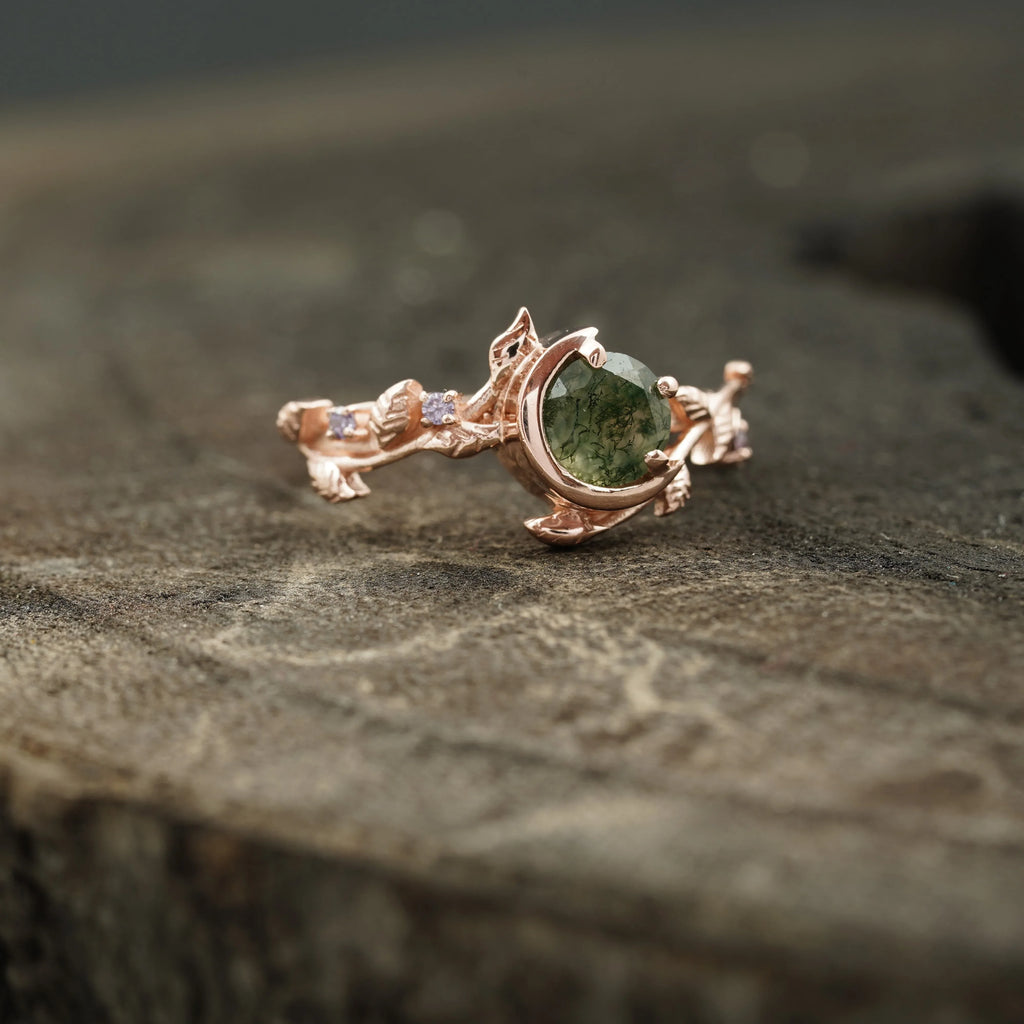 Round Natural Moss Agate Leaf Design Engagement Ring - Gigiscc