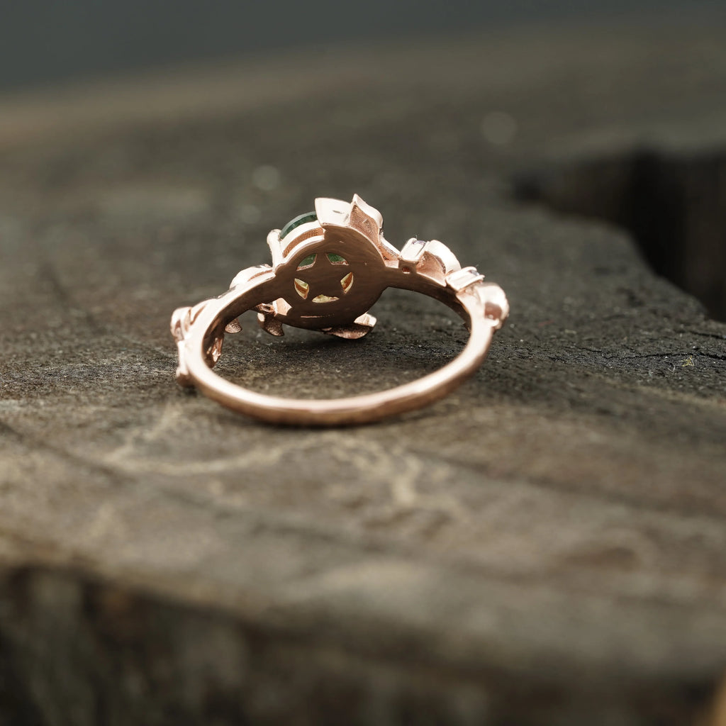 Round Natural Moss Agate Leaf Design Engagement Ring - Gigiscc