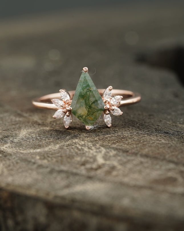 Kite Shaped Moss Agate Marquise Diamond Engagement Ring