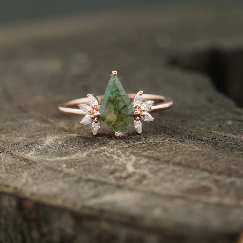 Kite Shaped Moss Agate Marquise Diamond Engagement Ring - Gigiscc