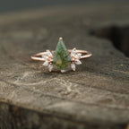 Kite Shaped Moss Agate Marquise Diamond Engagement Ring - Gigiscc