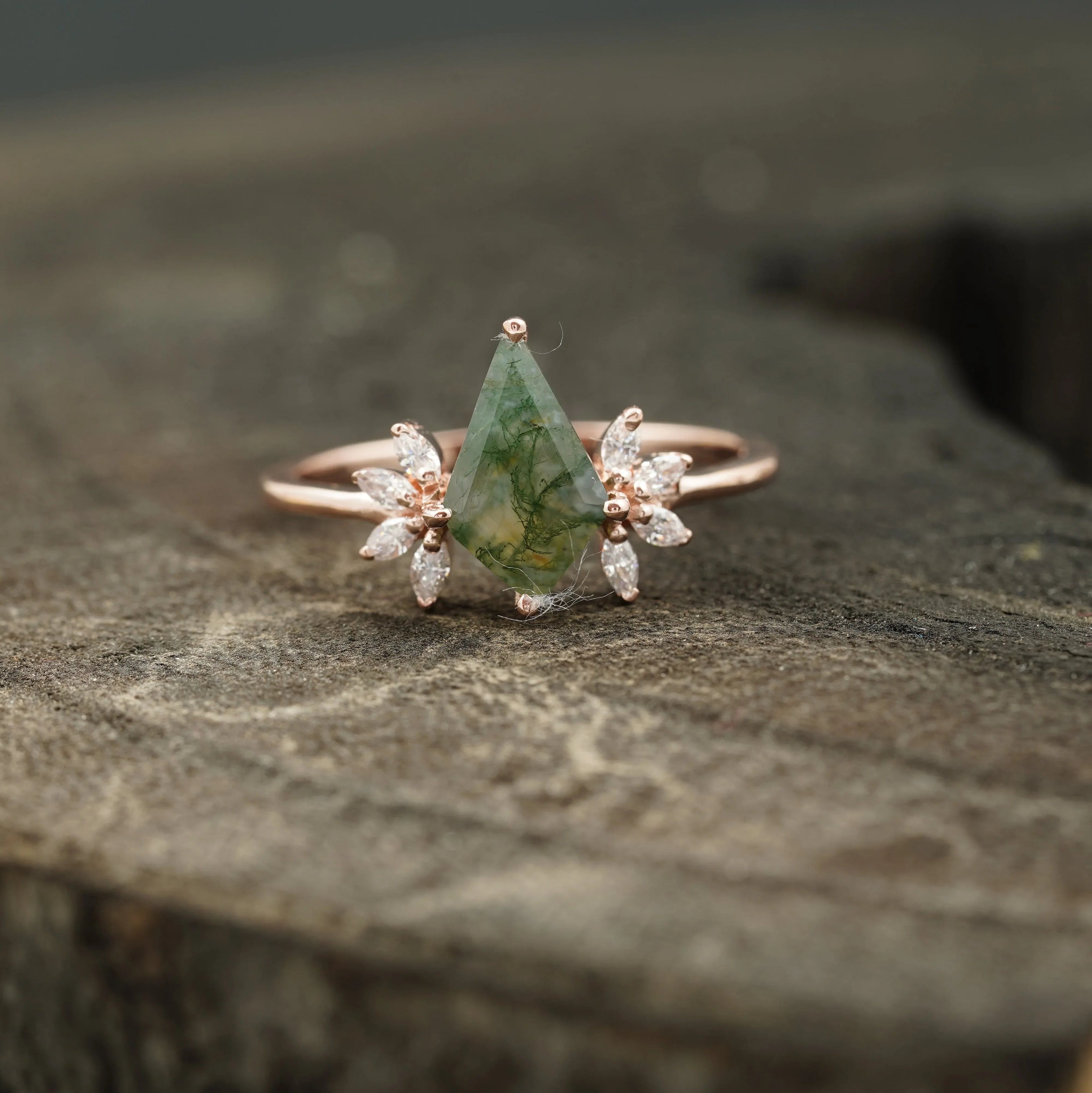 Kite Shaped Moss Agate Marquise Diamond Engagement Ring - Gigiscc