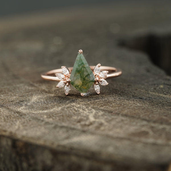 Kite-Shaped Moss Agate Marquise Diamond Ring – Unique Engagement