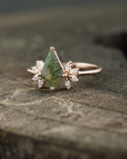 Kite Shaped Moss Agate Marquise Diamond Engagement Ring
