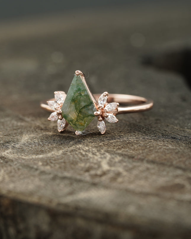 Kite Shaped Moss Agate Marquise Diamond Engagement Ring