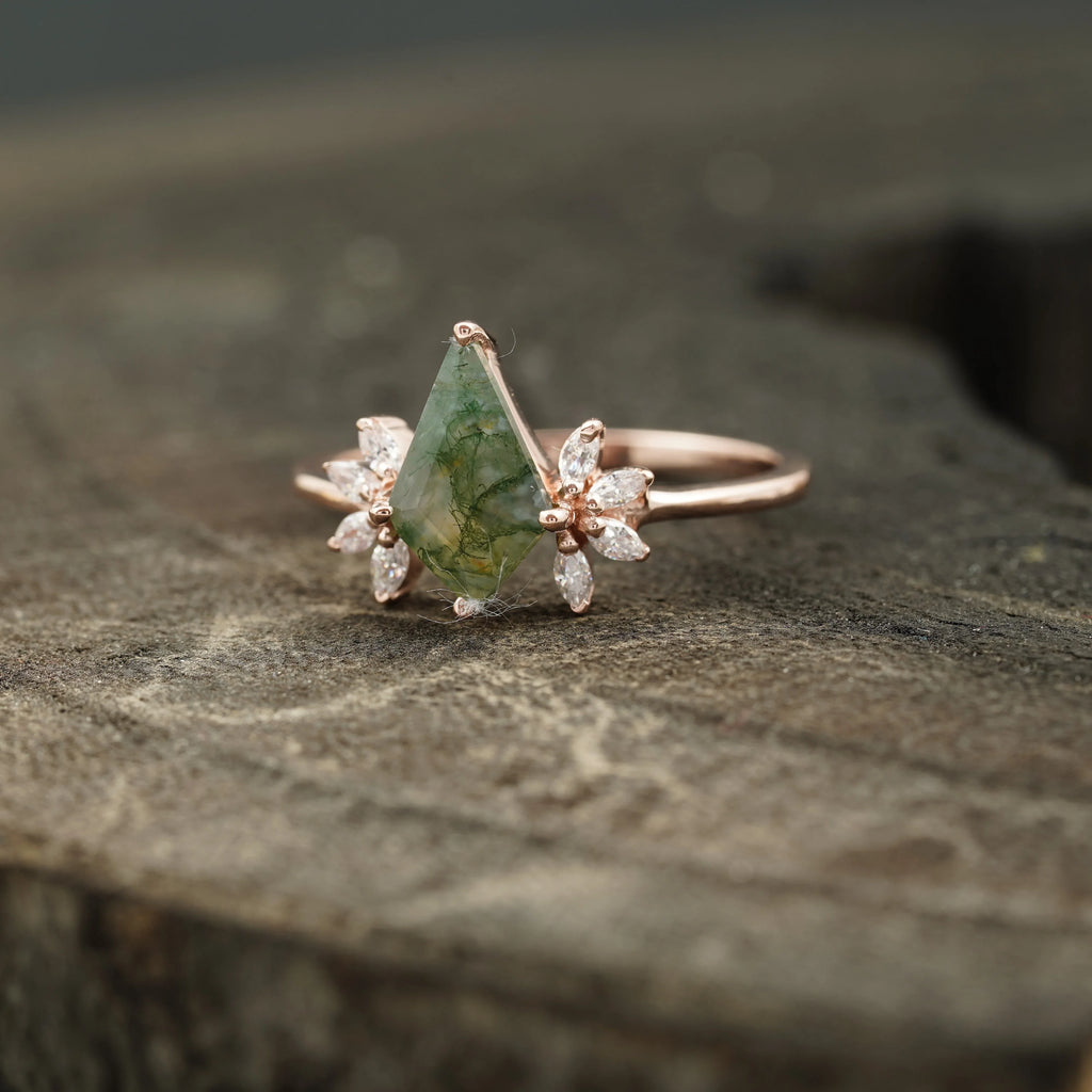 Kite Shaped Moss Agate Marquise Diamond Engagement Ring - Gigiscc