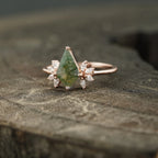 Kite Shaped Moss Agate Marquise Diamond Engagement Ring - Gigiscc