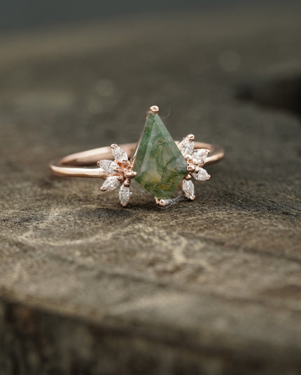 Kite Shaped Moss Agate Marquise Diamond Engagement Ring