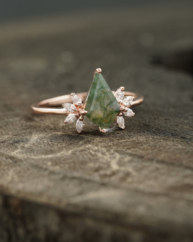 Kite Shaped Moss Agate Marquise Diamond Engagement Ring