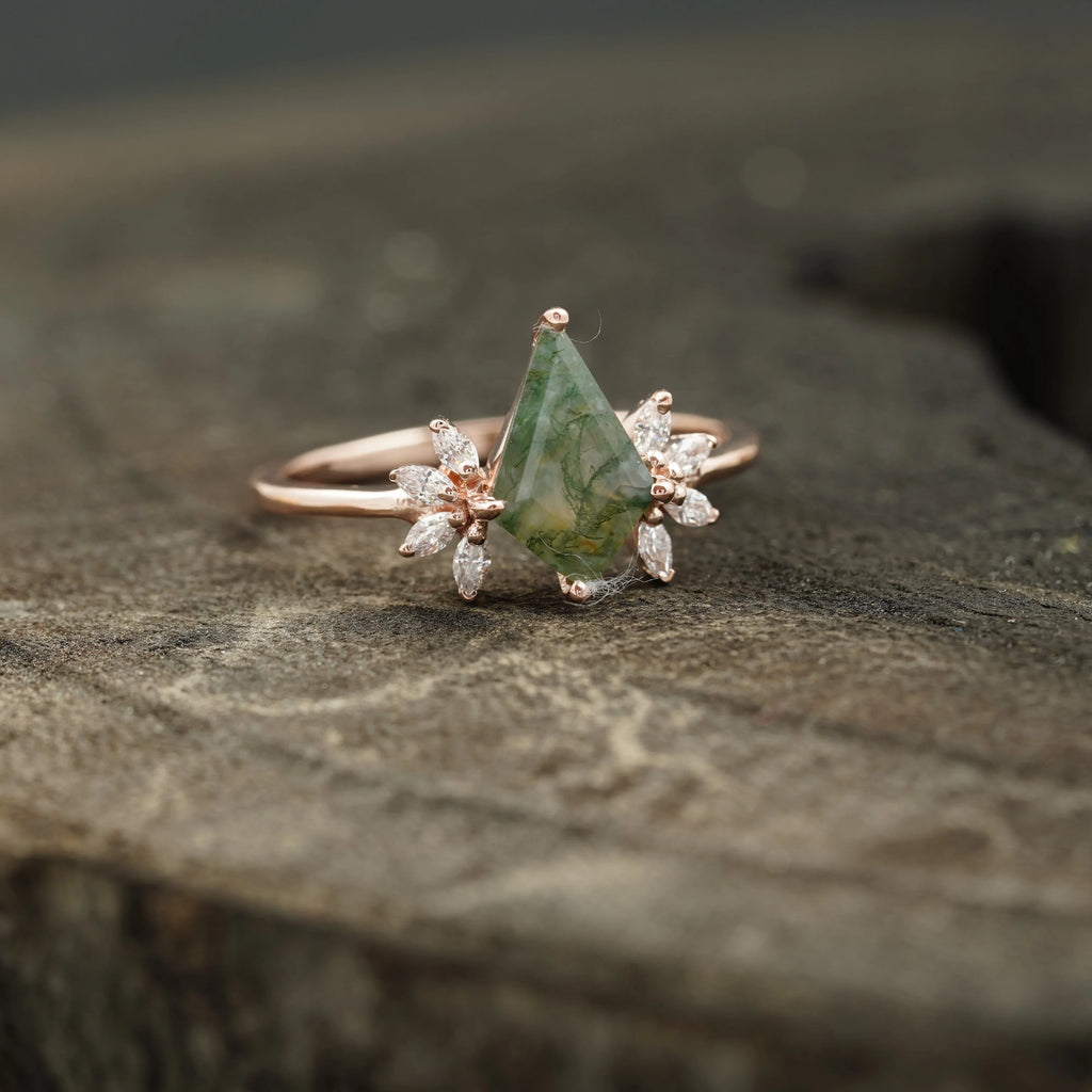 Kite Shaped Moss Agate Marquise Diamond Engagement Ring - Gigiscc
