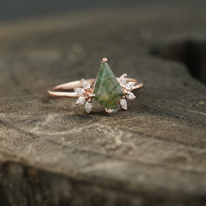 Kite Shaped Moss Agate Marquise Diamond Engagement Ring