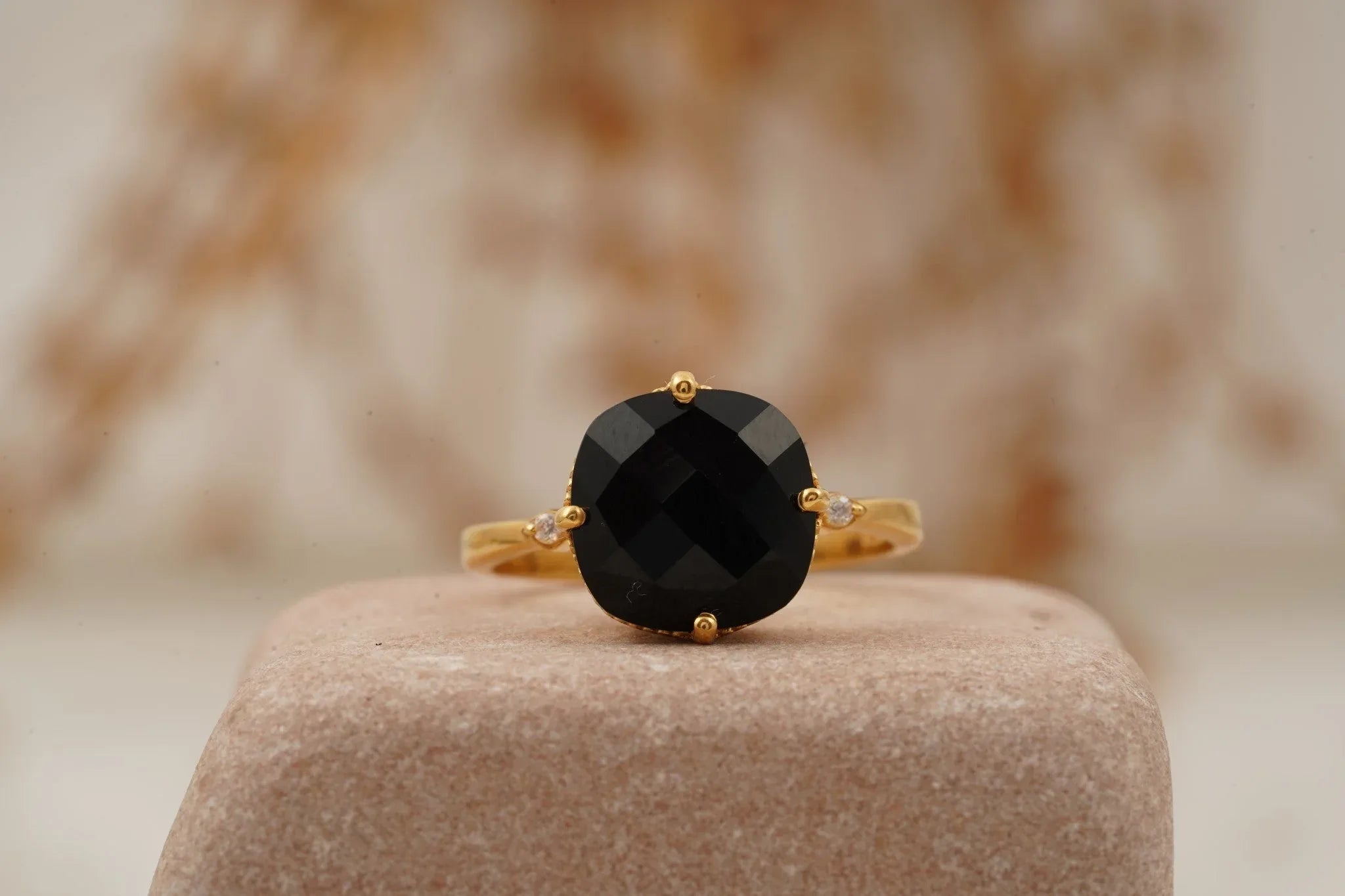 Cushion Black Onyx Vermeil Engagement Ring - Gigiscc