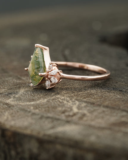 Kite Shaped Moss Agate Marquise Diamond Engagement Ring