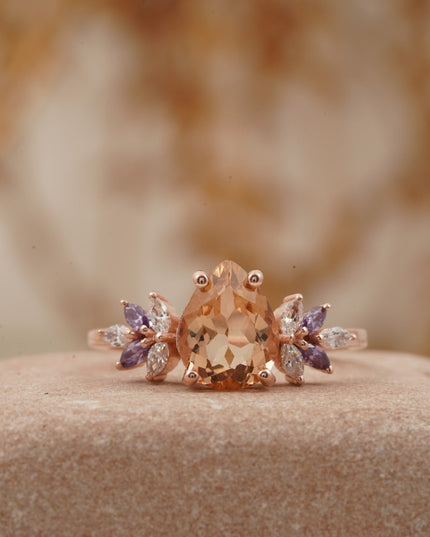 Pear Morganite Cluster Moissanite Alexandrite Ring