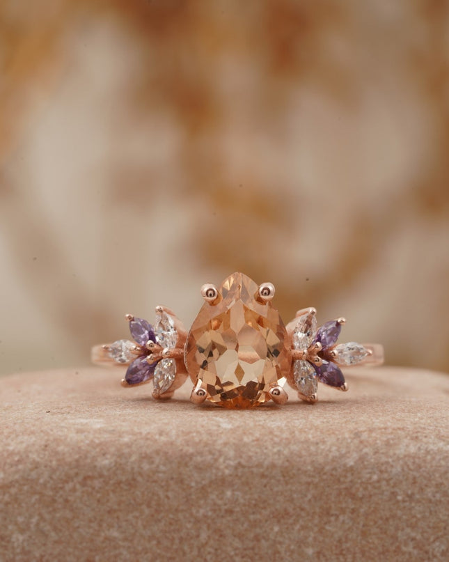 Pear Morganite Cluster Moissanite Alexandrite Ring