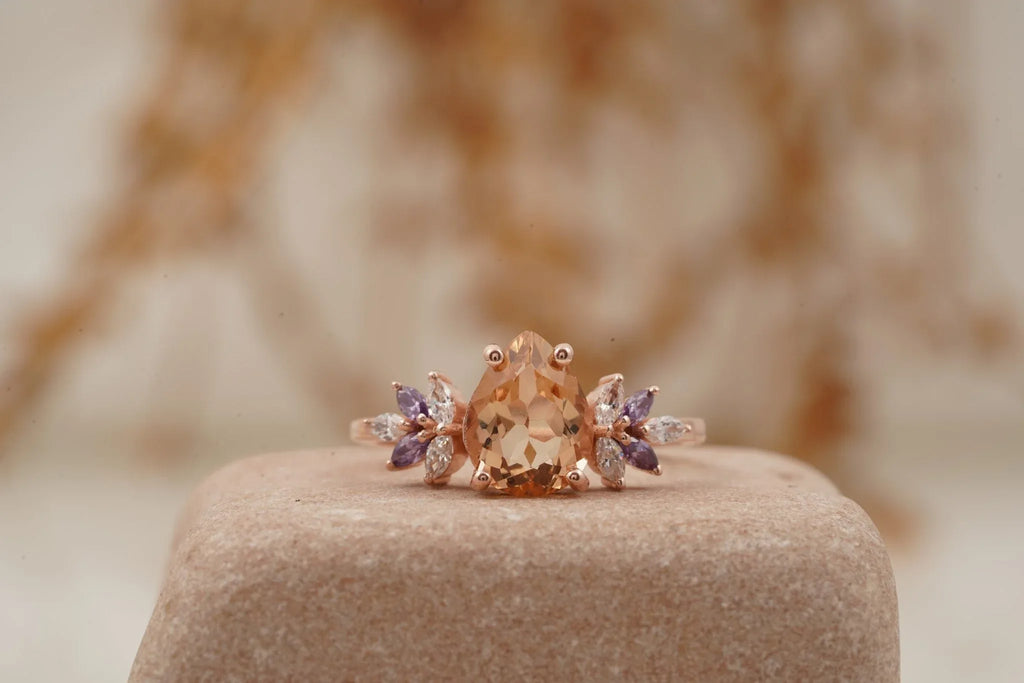 Pear Morganite Cluster Moissanite Alexandrite Ring - Gigiscc
