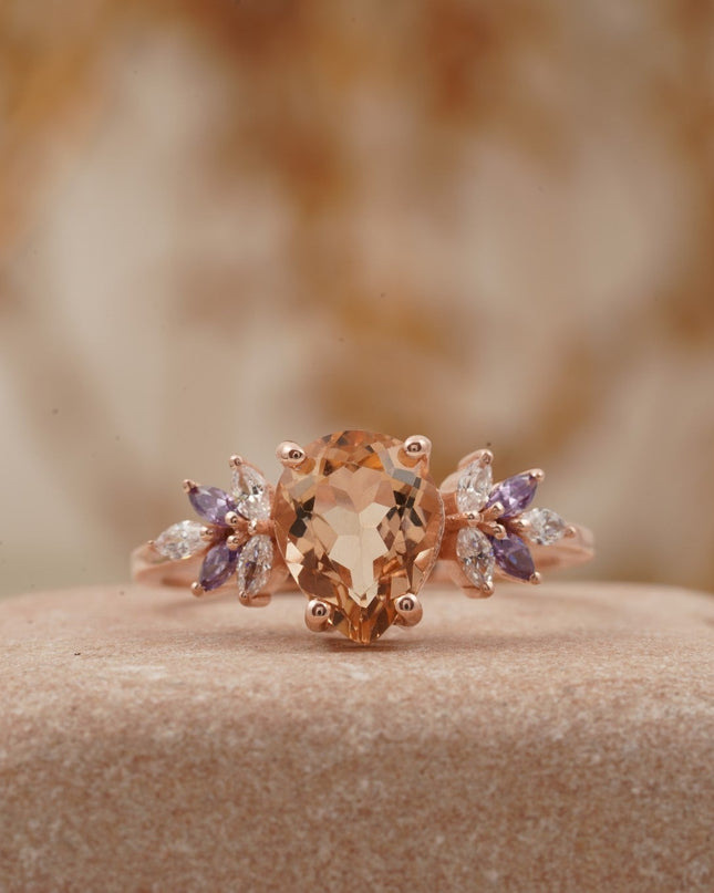 Pear Morganite Cluster Moissanite Alexandrite Ring Main