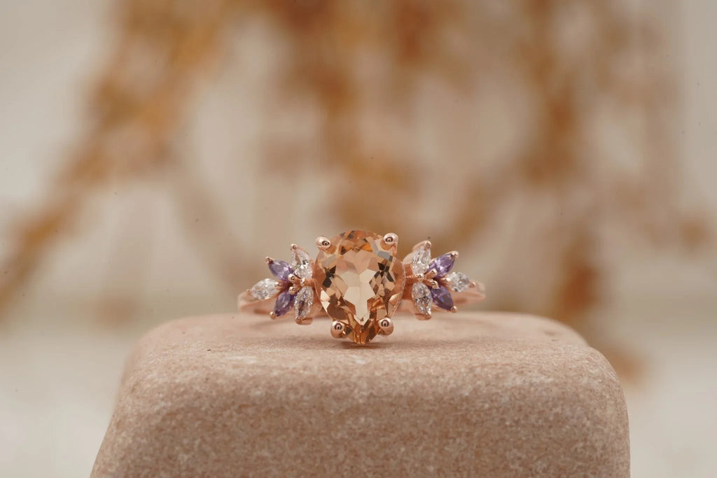 Pear Morganite Cluster Moissanite Alexandrite Ring - Gigiscc