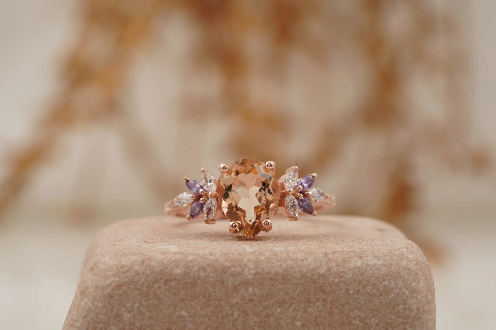 Pear Morganite Cluster Moissanite Alexandrite Ring - Gigiscc