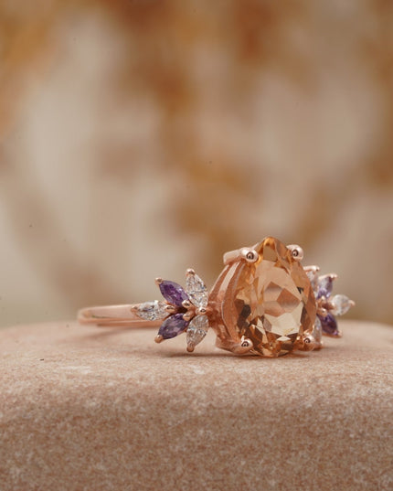 Pear Morganite Cluster Moissanite Alexandrite Ring Right Position