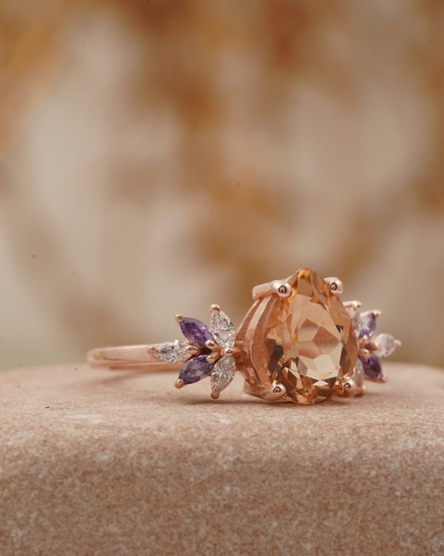 Pear Morganite Cluster Moissanite Alexandrite Ring Right Position