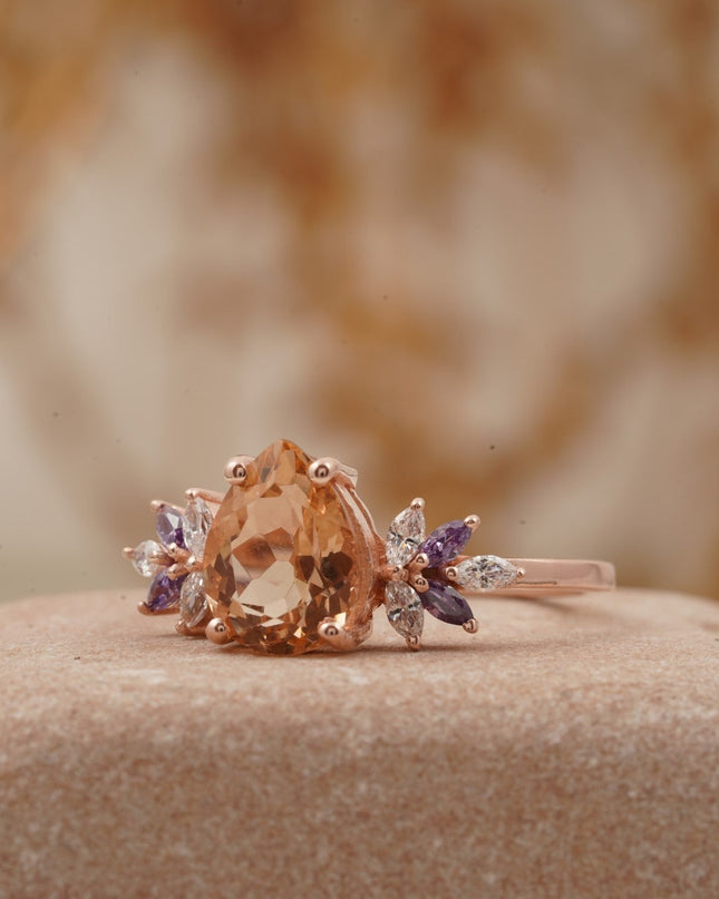 Pear Morganite Cluster Moissanite Alexandrite Ring Left Position