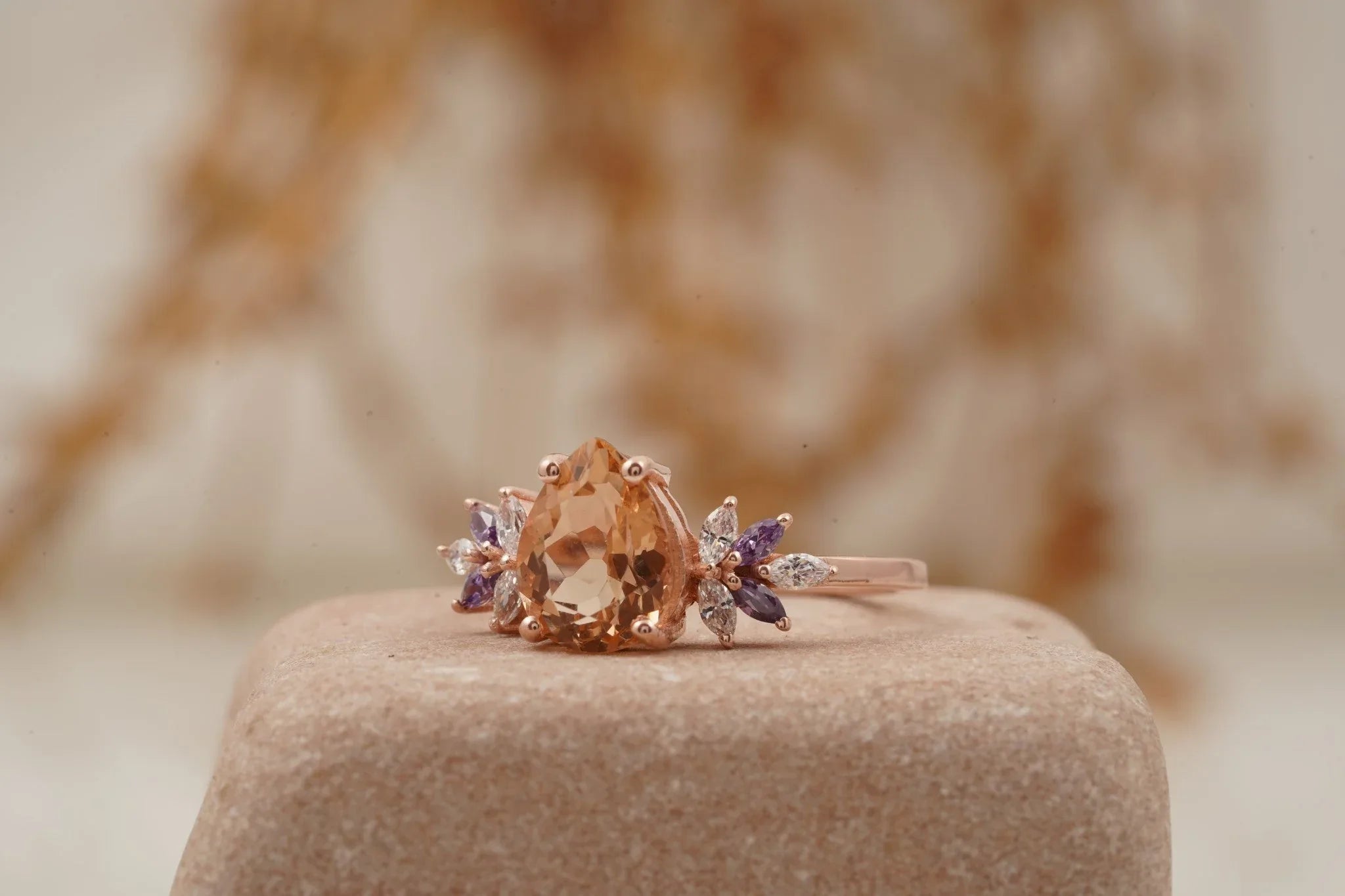 Pear Morganite Cluster Moissanite Alexandrite Ring - Gigiscc