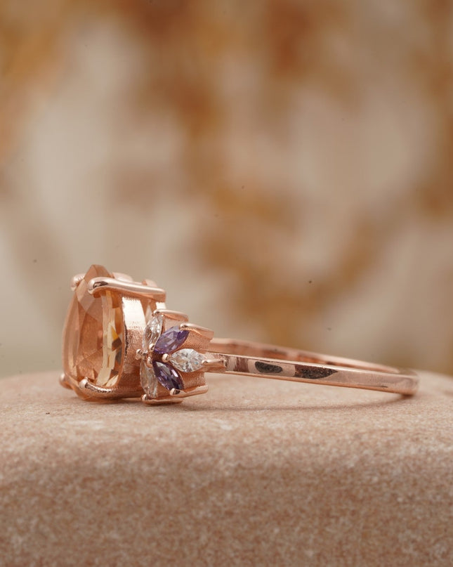 Pear Morganite Cluster Moissanite Alexandrite Ring Side Position