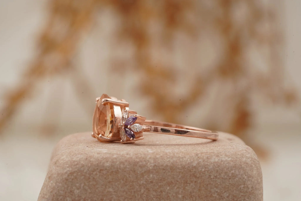 Pear Morganite Cluster Moissanite Alexandrite Ring - Gigiscc