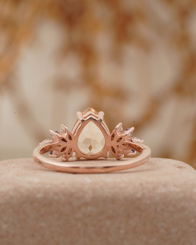 Pear Morganite Cluster Moissanite Alexandrite Ring Back Side