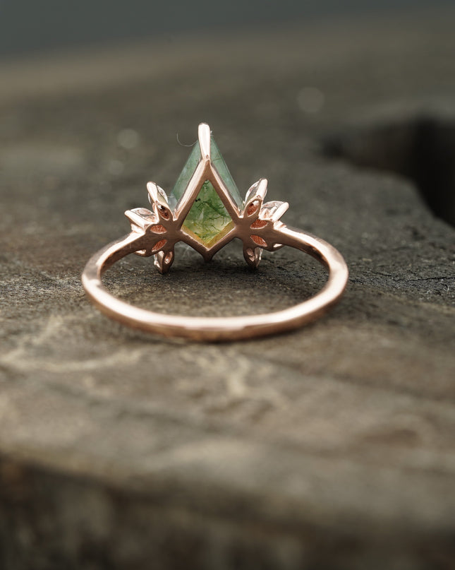 Kite Shaped Moss Agate Marquise Diamond Engagement Ring