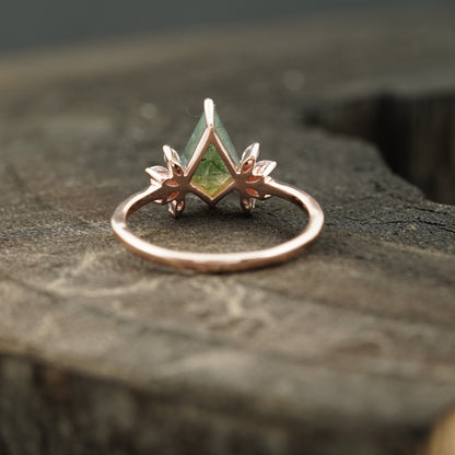Kite Shaped Moss Agate Marquise Diamond Engagement Ring