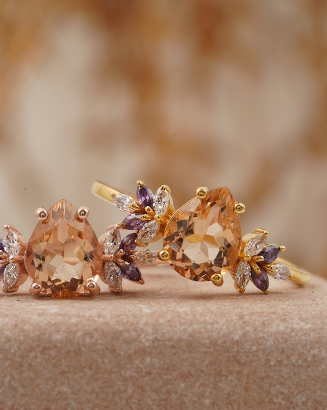 Pear Morganite Cluster Moissanite Alexandrite Ring Two Pair Pose