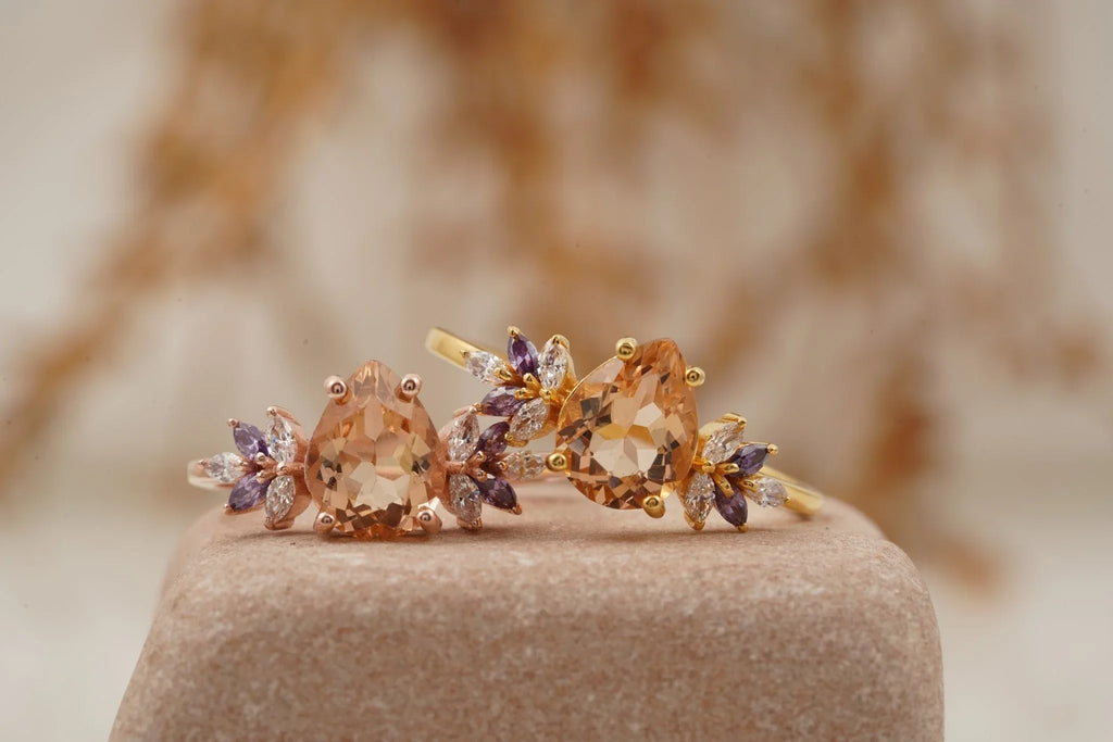 Pear Morganite Cluster Moissanite Alexandrite Ring - Gigiscc