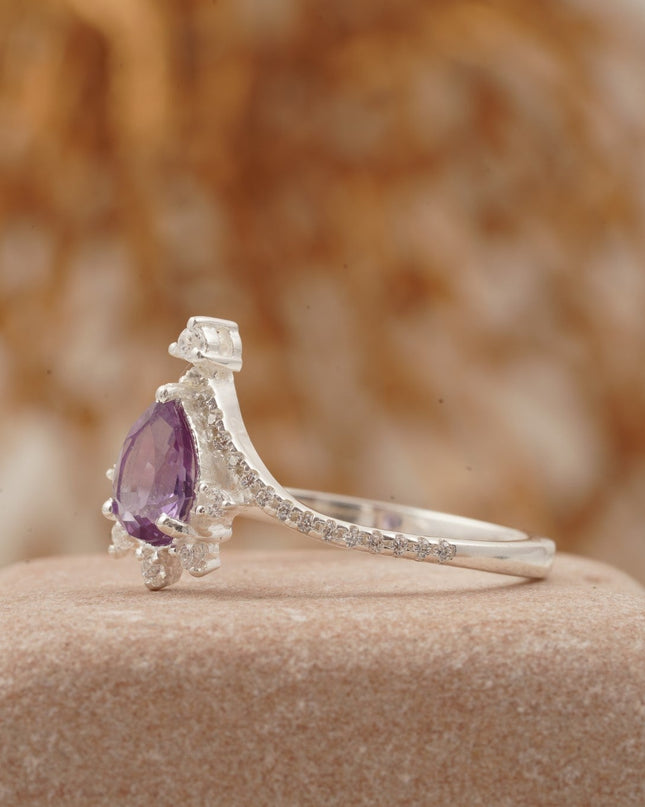 Pear Cut Alexandrite Wedding Band Stacking Diamond Curved Ring