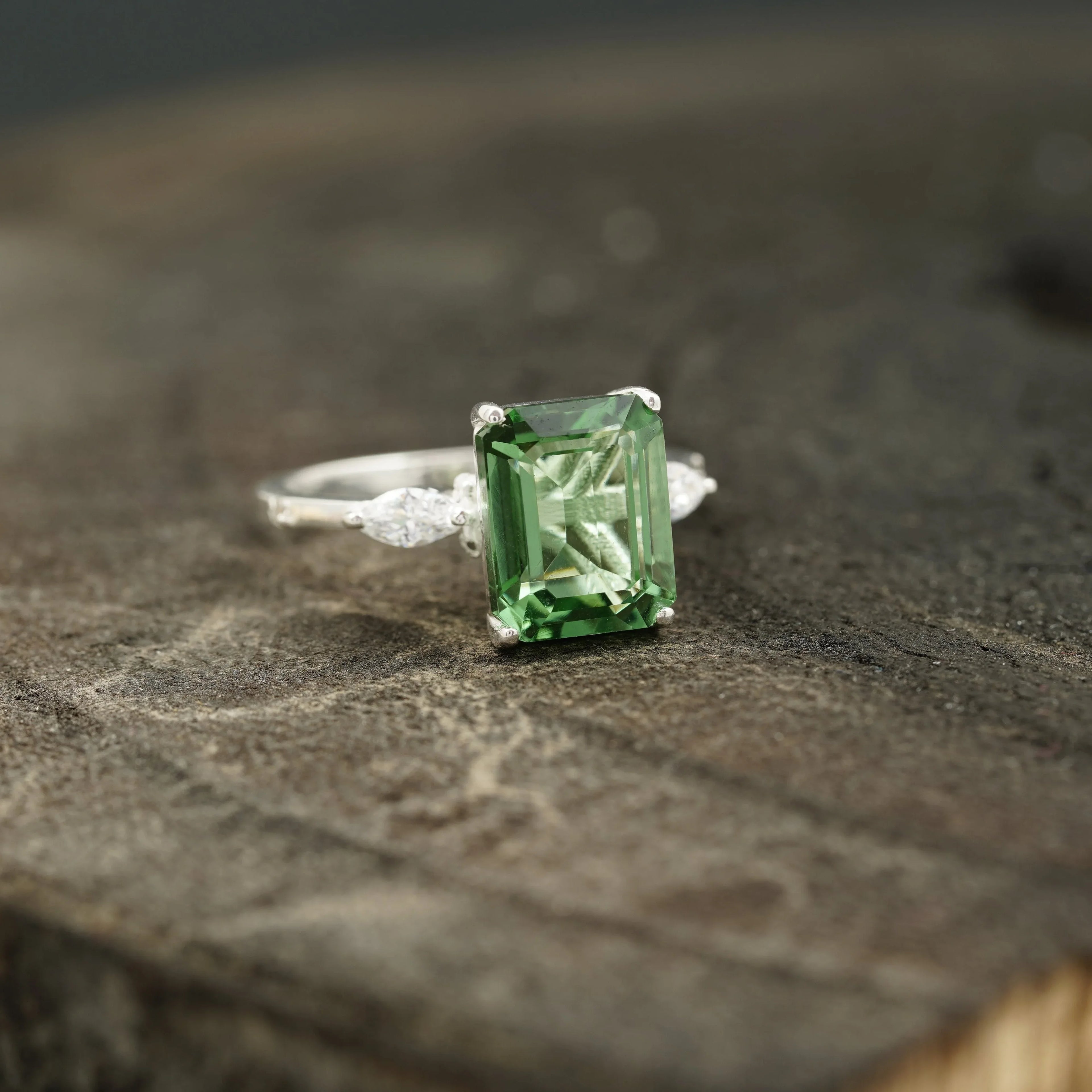 Natural Green Amethyst Prestolite Engagement Ring - Gigiscc