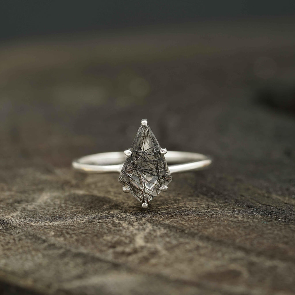 Kite Shaped Black Rutile Quartz Ring - Gigiscc
