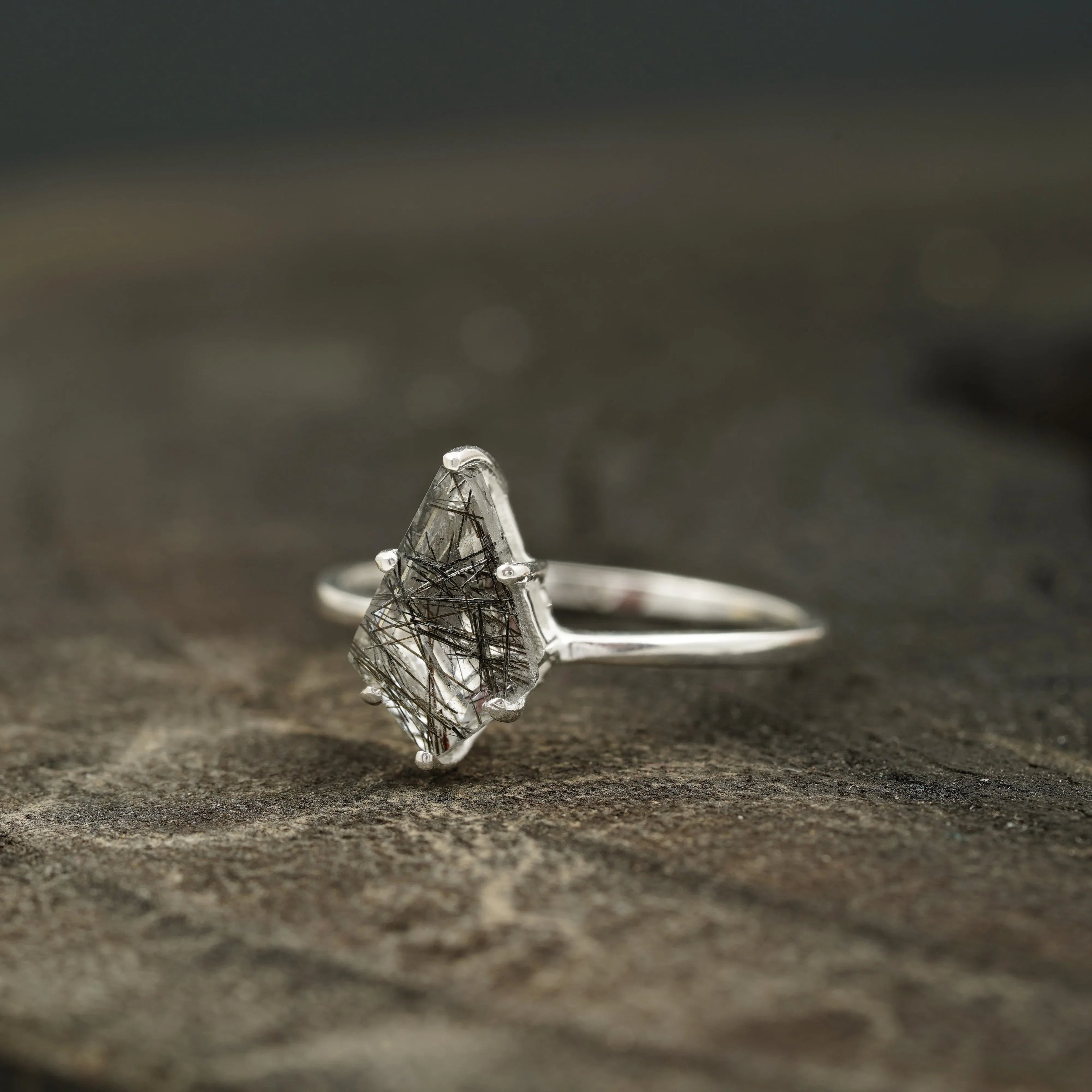 Kite Shaped Black Rutile Quartz Ring - Gigiscc