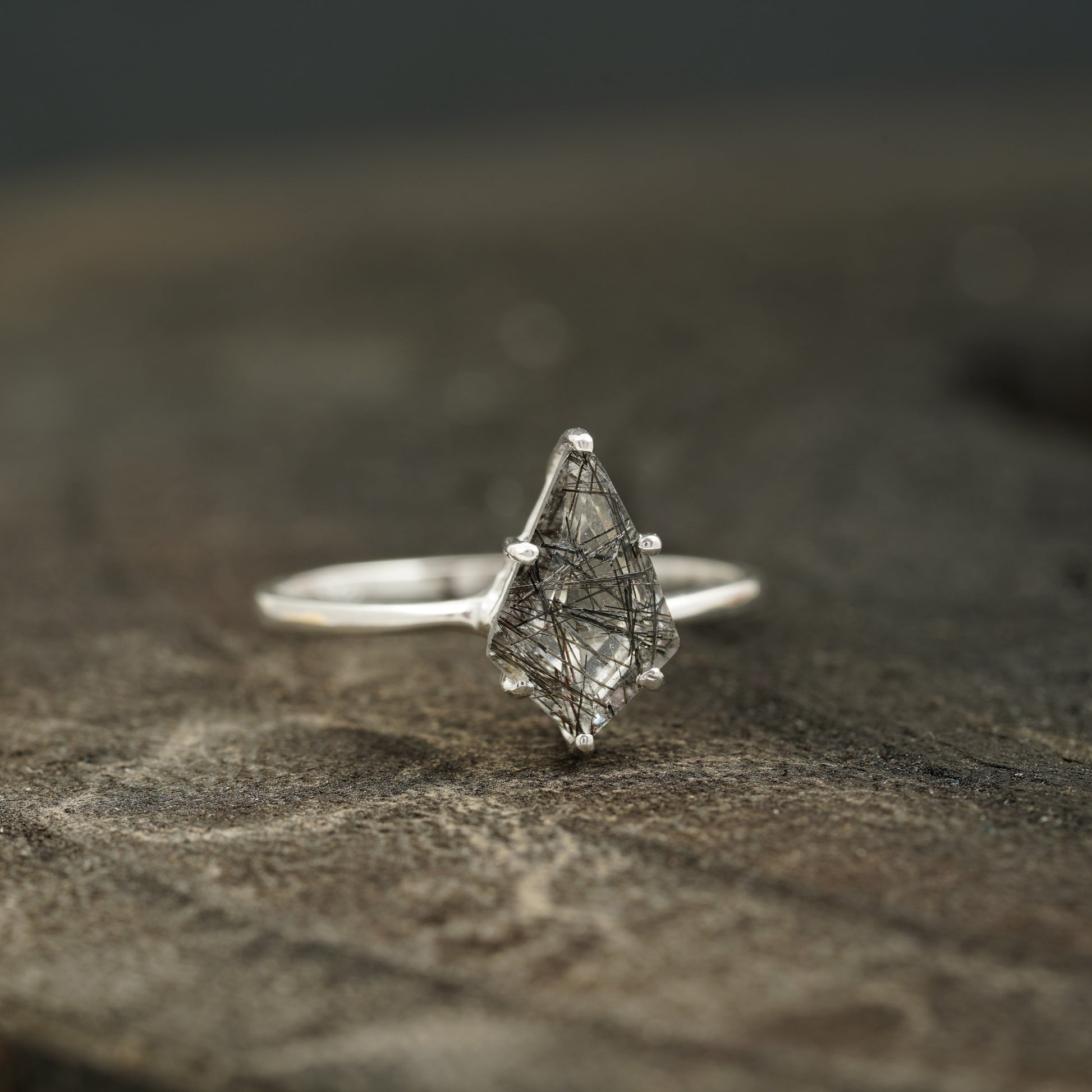 Kite Shaped Black Rutile Quartz Ring  Right SIde Pose