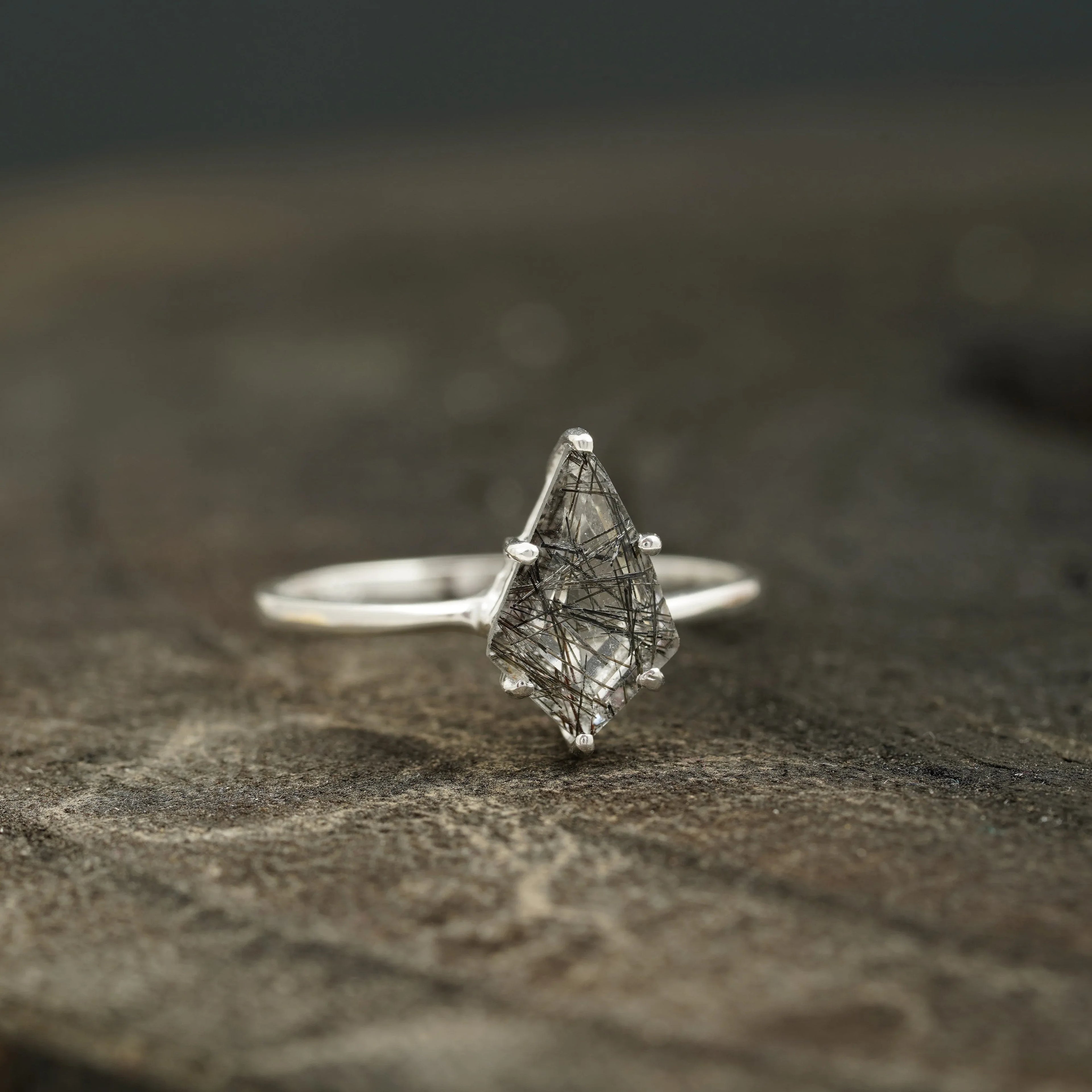 Kite Shaped Black Rutile Quartz Ring - Gigiscc
