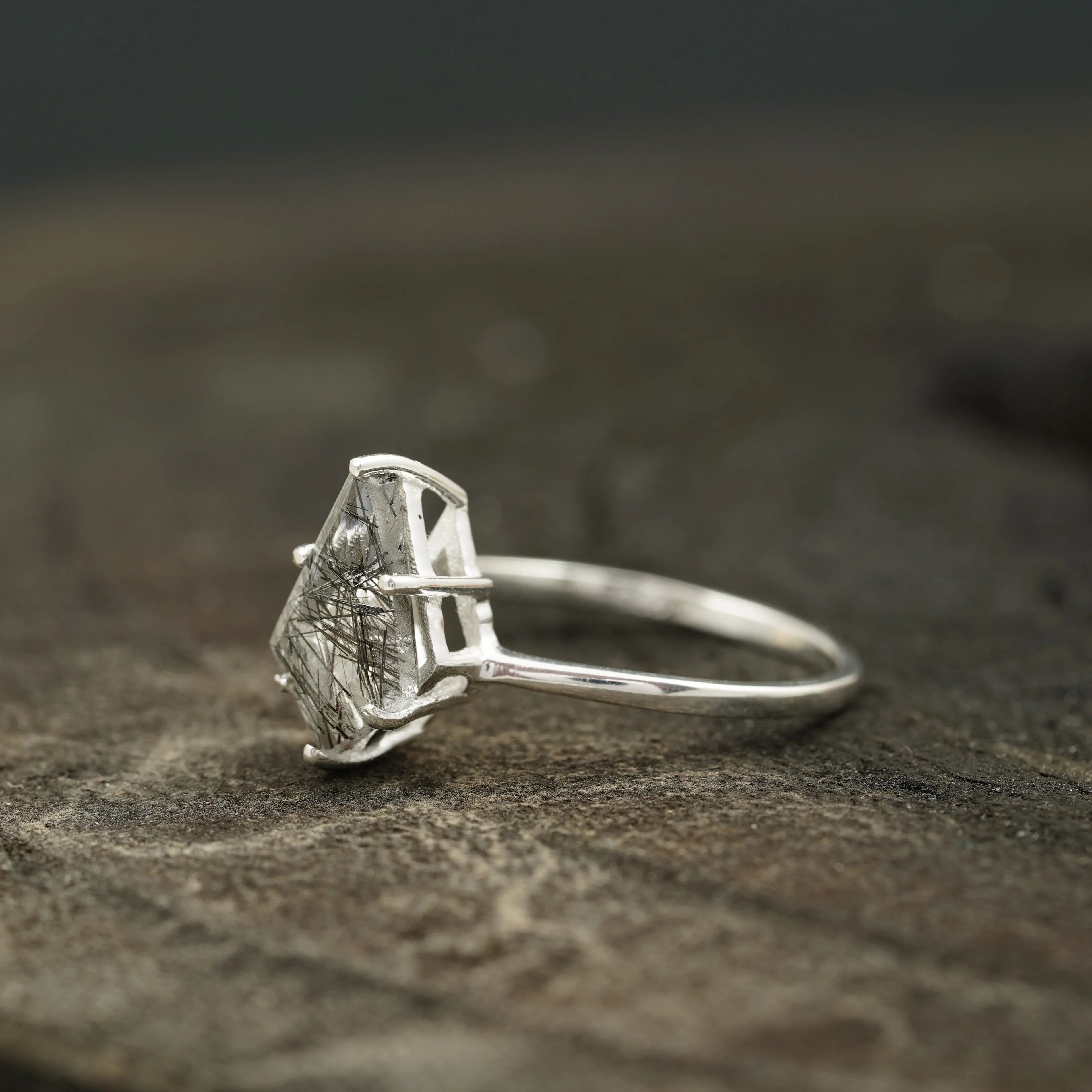 Kite Shaped Black Rutile Quartz Ring - Gigiscc