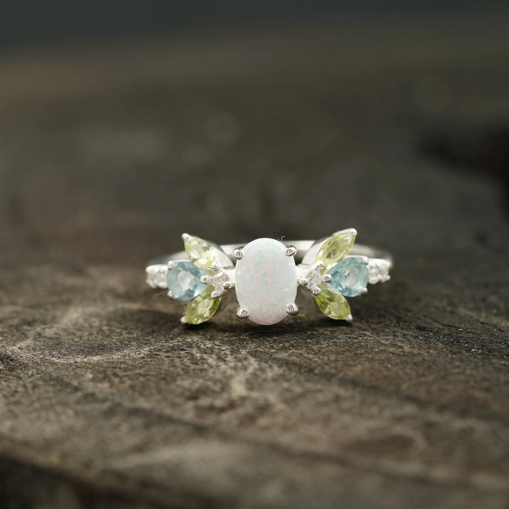 Oval Cut Fire Opal Cluster October Birthstone Engagement Ring - Gigiscc
