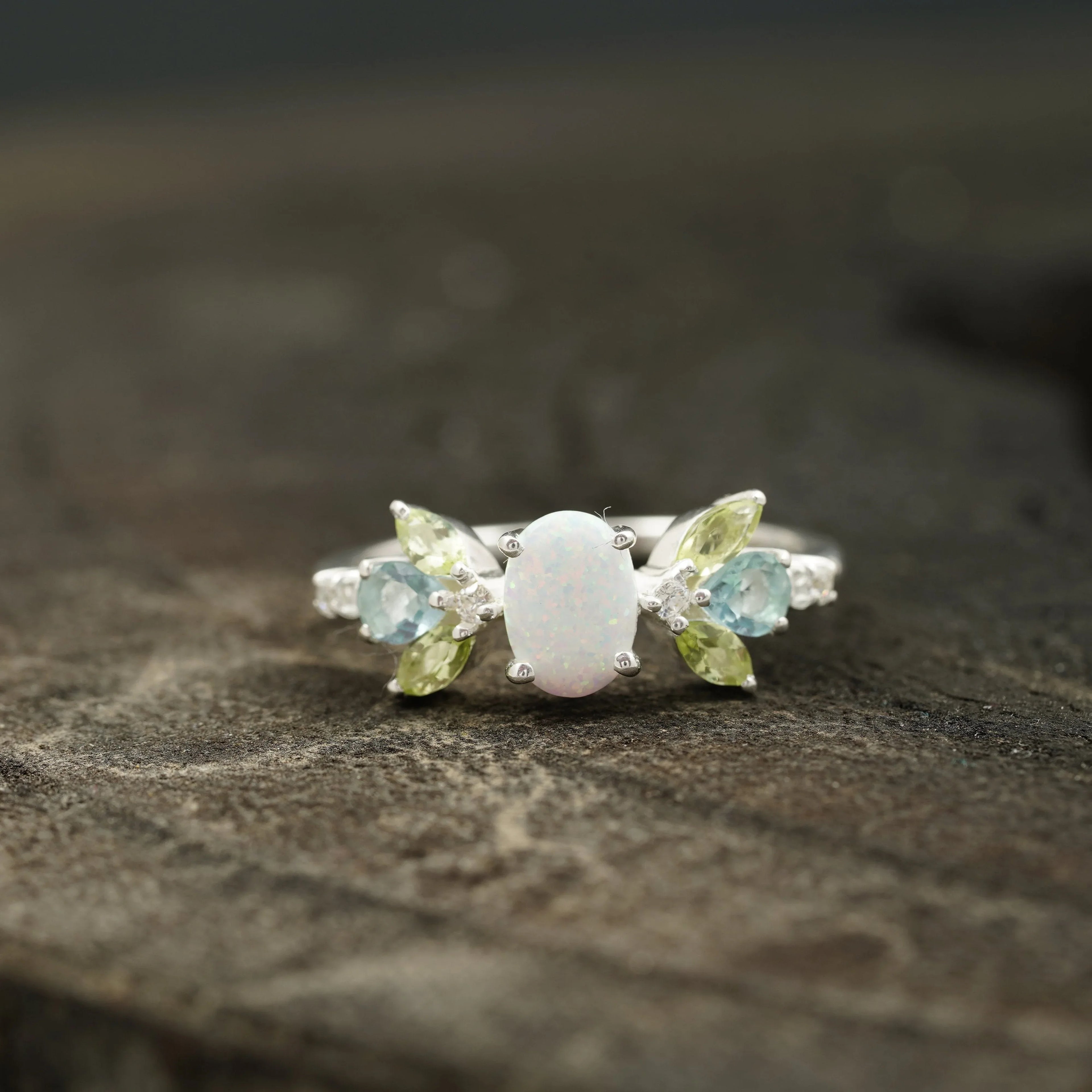Oval Cut Fire Opal Cluster October Birthstone Engagement Ring - Gigiscc