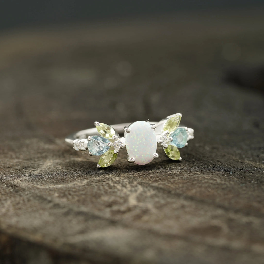 Oval Cut Fire Opal Cluster October Birthstone Engagement Ring - Gigiscc