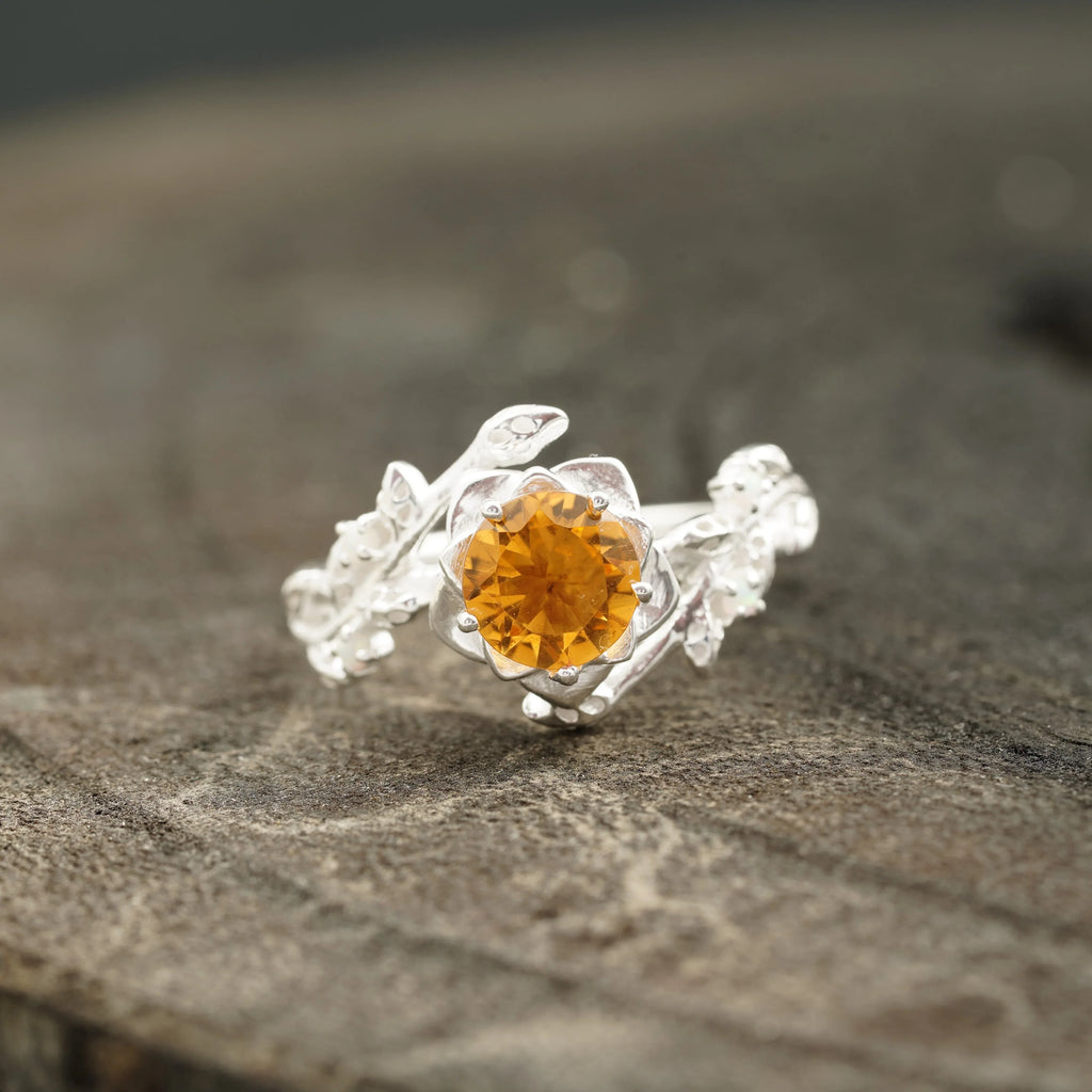 Round Citrine Leaf Engagement Ring | Nature-Inspired 925 Silver - Gigiscc