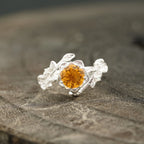 Round Citrine Leaf Engagement Ring | Nature-Inspired 925 Silver - Gigiscc