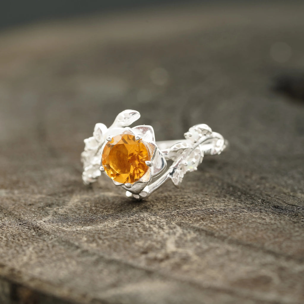 Round Citrine Leaf Engagement Ring | Nature-Inspired 925 Silver - Gigiscc