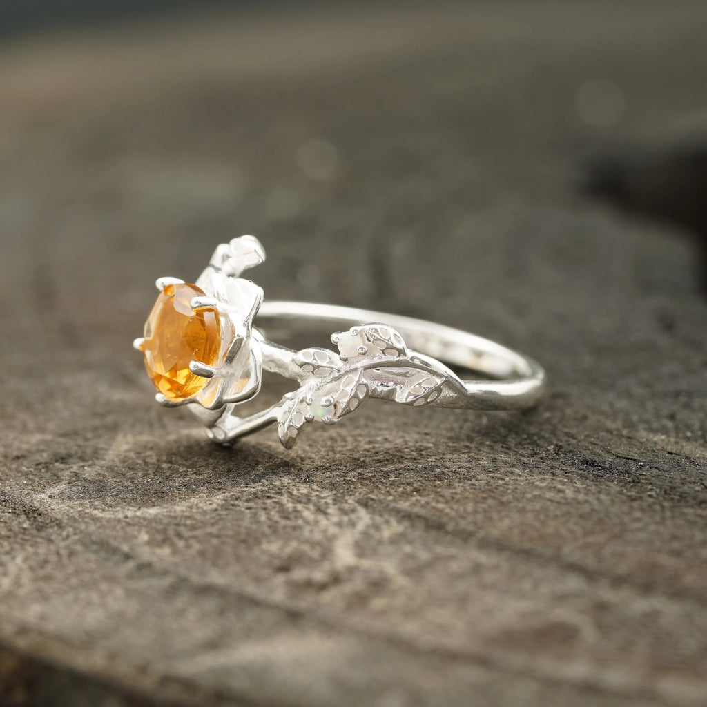 Round Citrine Leaf Engagement Ring | Nature-Inspired 925 Silver - Gigiscc