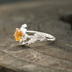Round Citrine Leaf Engagement Ring | Nature-Inspired 925 Silver - Gigiscc